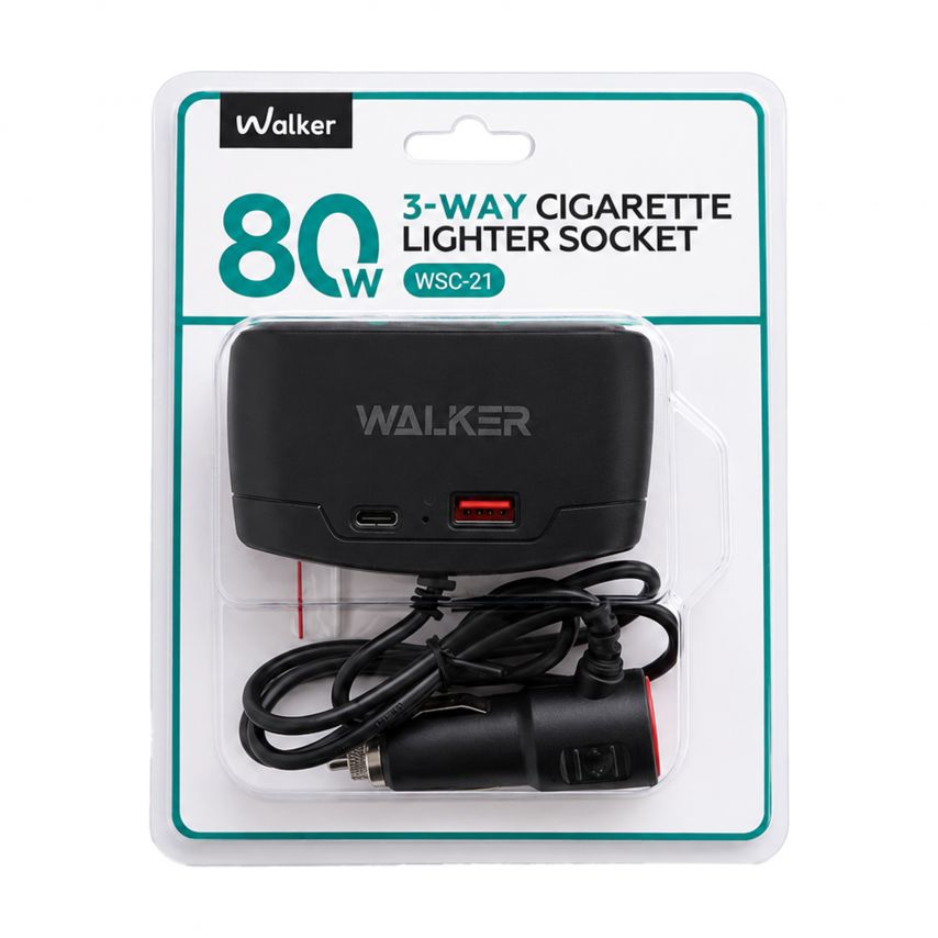 Car Cigarette Lighter Distributor 3in1 WALKER WSC-21 80W / USB_2.1A / Type-C_2.1A black
