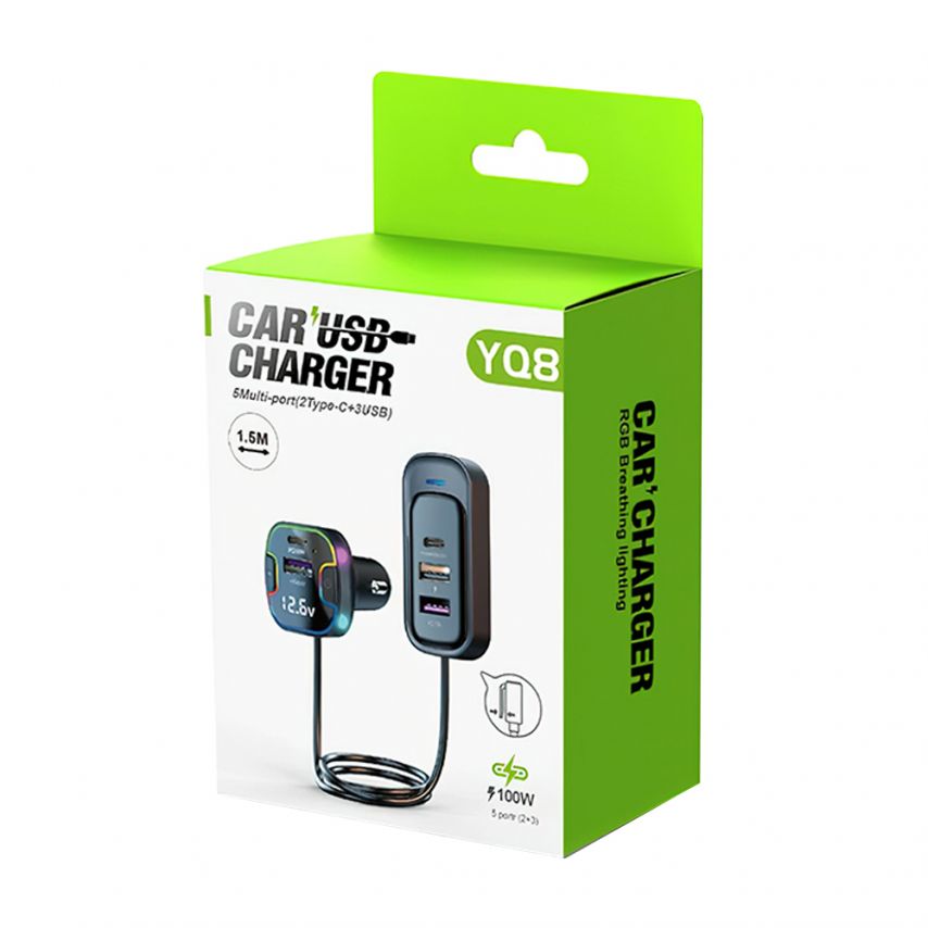 Car Charger (Adapter) YQ8 5Multi-port 100W 2*PD_30W/QC3.0_18W/2*USB_3.1A with 1.5m extension cord black