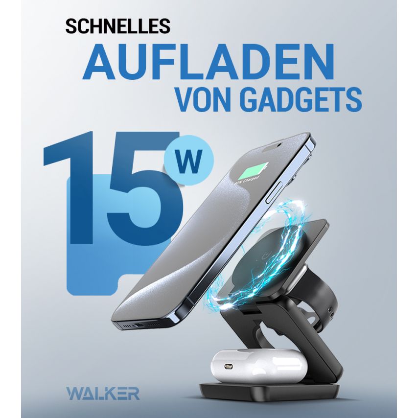 Kabelloses Ladegerät 3in1 WALKER WH-57 15W schwarz