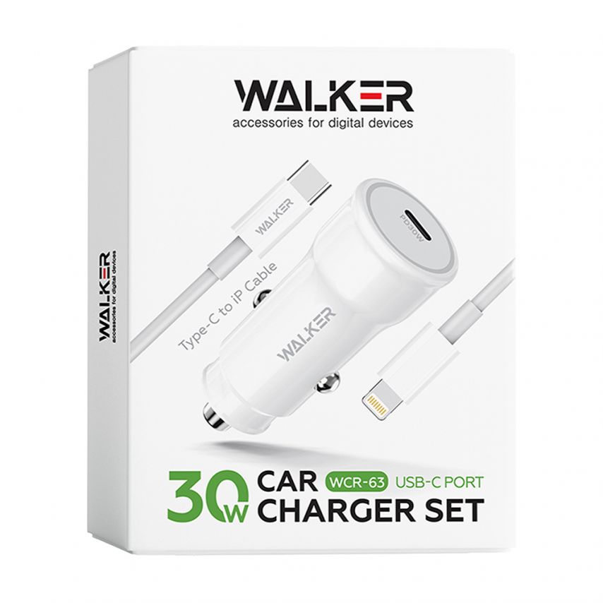 Car Charger (Adapter) 2in1 WALKER WCR-63 PD / 30W + Data Cable Type-C to Lightning white