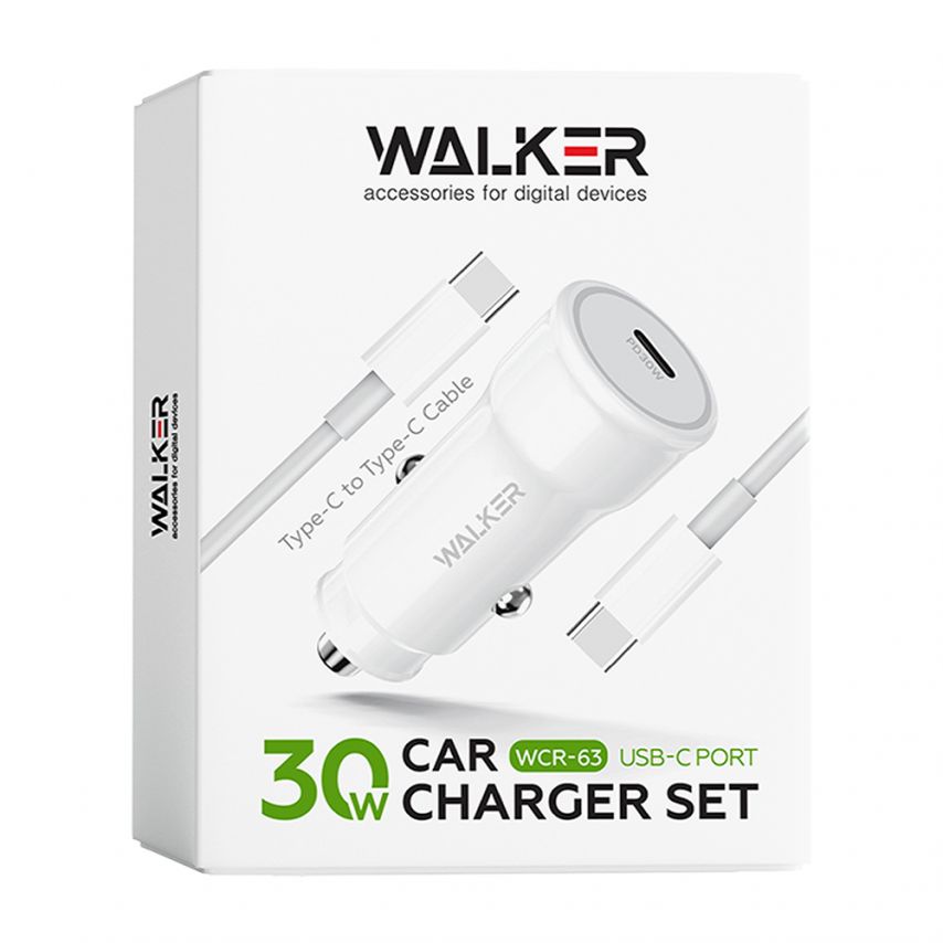 Car Charger (Adapter) 2in1 WALKER WCR-63 PD / 30W + Data Cable Type-C to Type-C white