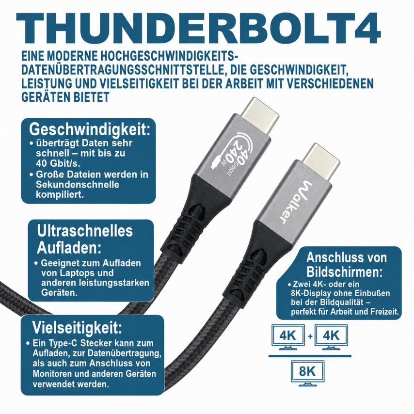 Câble WALKER C995 240W Thunderbolt4 Type-C vers Type-C noir