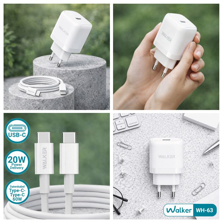 Netzladegerät (Adapter) 2in1 WALKER WH-63 PD_20W + Datenkabel Type-C - Type-C weiß