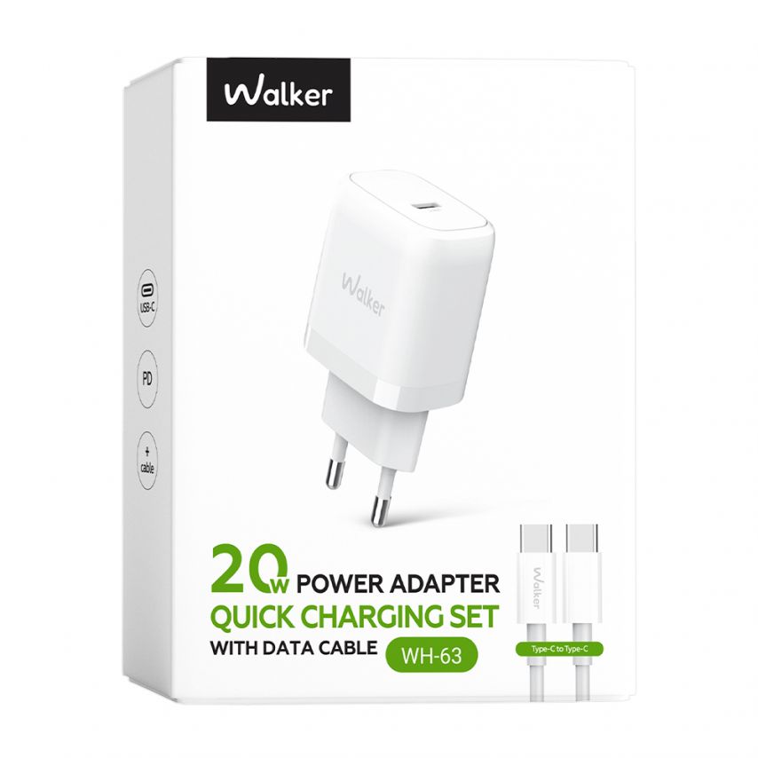 Network Charger (Adapter) 2in1 WALKER WH-63 PD_20W + Data Сable Type-C to Type-C white