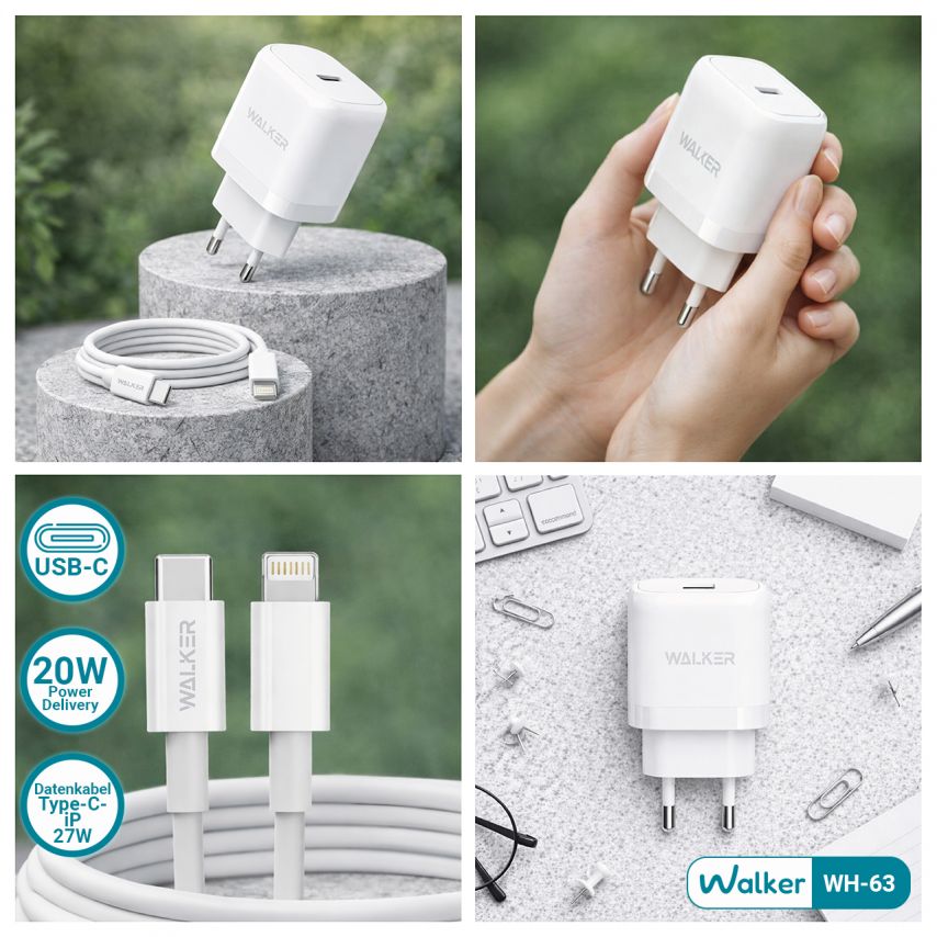 Netzladegerät (Adapter) 2in1 WALKER WH-63 PD / 20W + Datenkabel Type-C - Lightning weiß