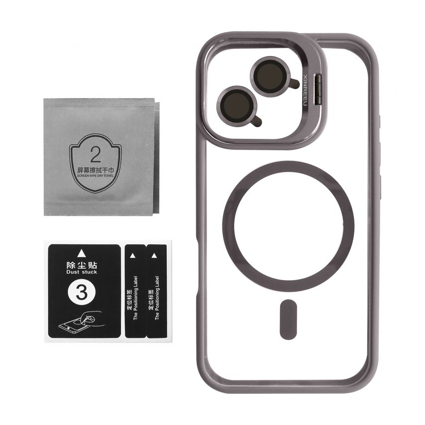 Case with MagSafe for Apple iPhone 16 with stand and camera protection light grey (06)