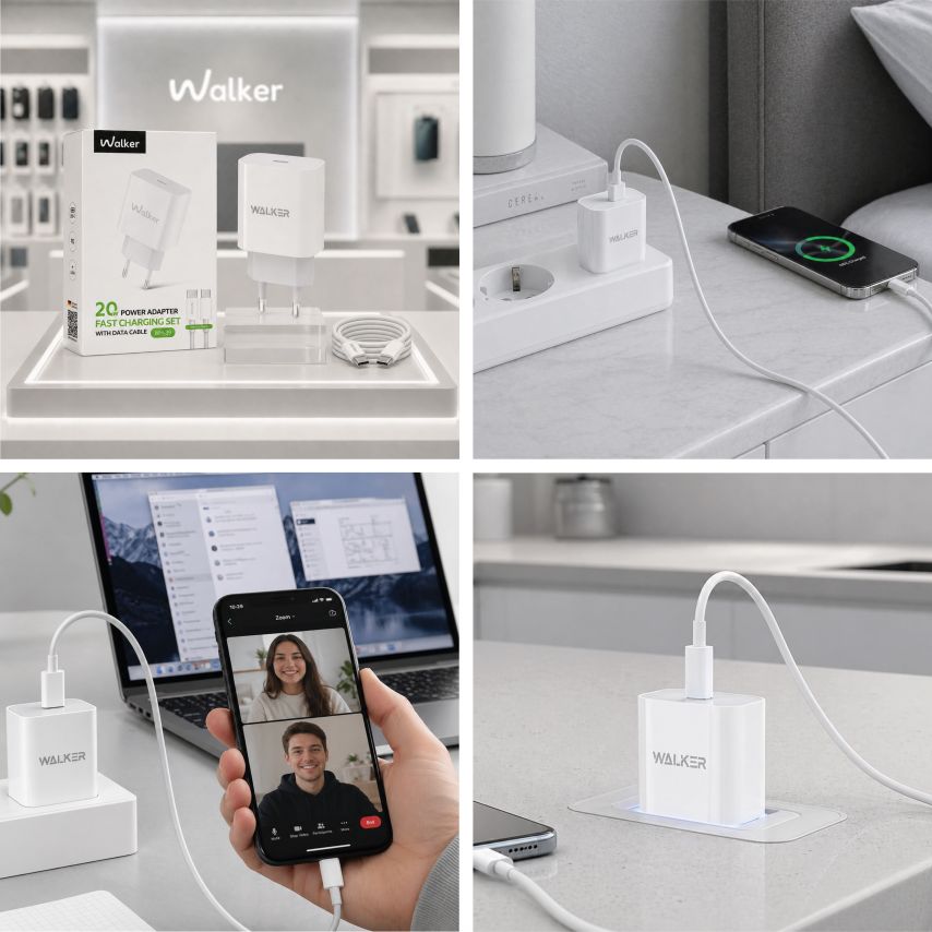 Netzladegerät (Adapter) WALKER WH-39 PD / 3A / 20W weiß + Datenkabel Type-C - Type-C 30W