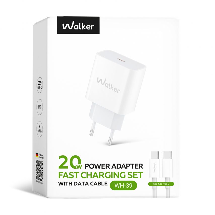 Netzladegerät (Adapter) WALKER WH-39 PD / 3A / 20W weiß + Datenkabel Type-C - Type-C 30W