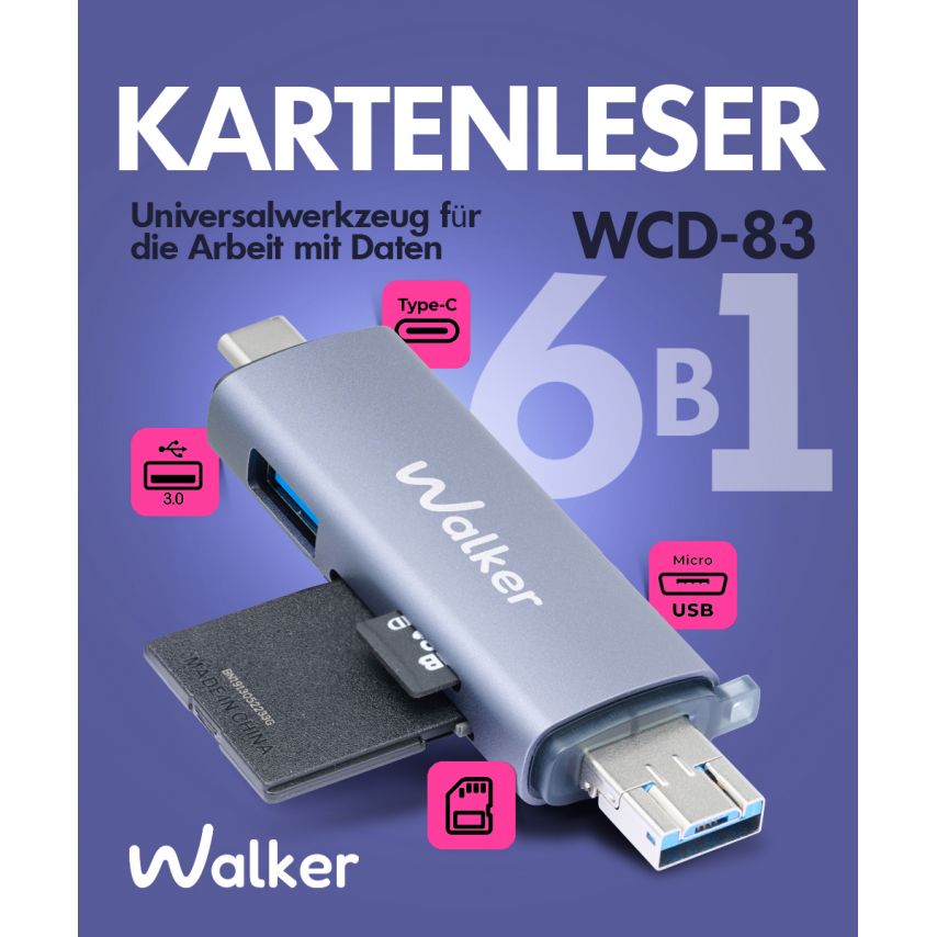 Lecteur de cartes WCD-83 6v1 (USB/Micro, Type-C) gris
