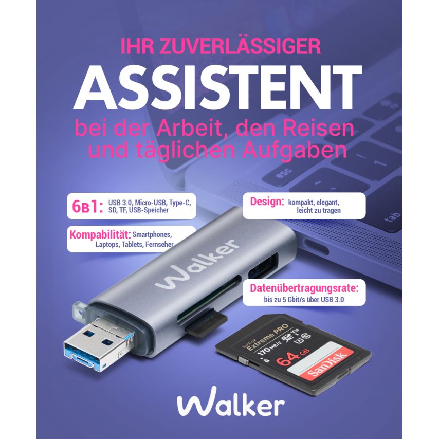 Lecteur de cartes WCD-83 6v1 (USB/Micro, Type-C) gris