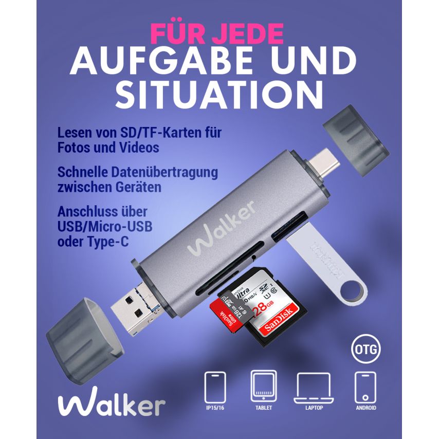 Lecteur de cartes WCD-83 6v1 (USB/Micro, Type-C) gris