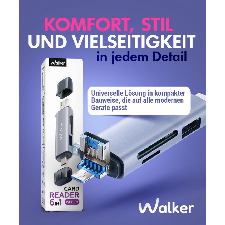 Lecteur de cartes WCD-83 6v1 (USB/Micro, Type-C) gris