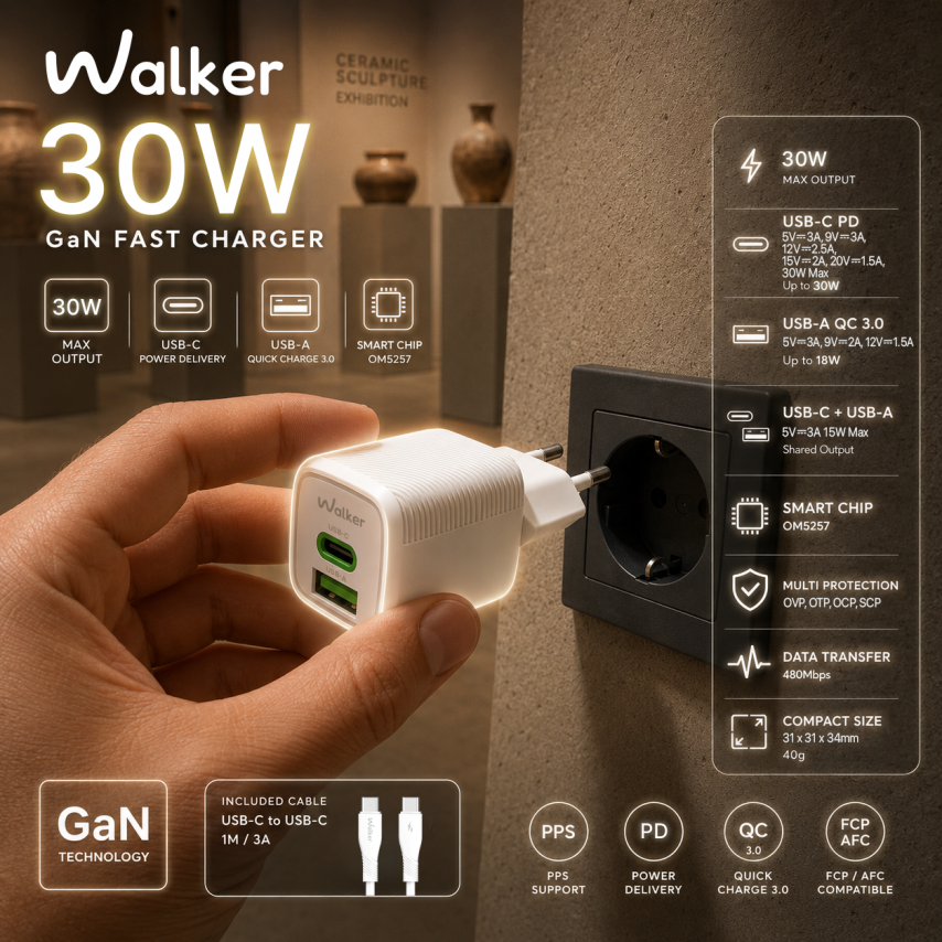 Netzladegerät (Adapter) 2in1 WALKER WH-71 GAN 30W + Datenkabel Type-C to Type-C weiß