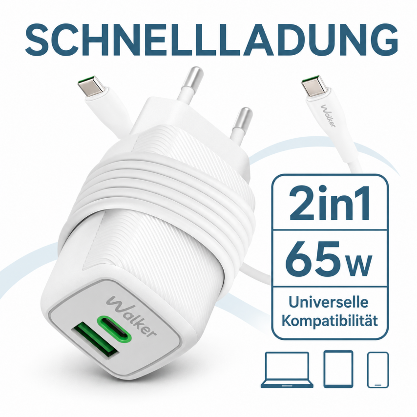 Chargeur secteur (adaptateur) 2en1 WALKER WH-75 GAN 65W + cвble Type-C vers Type-C blanc