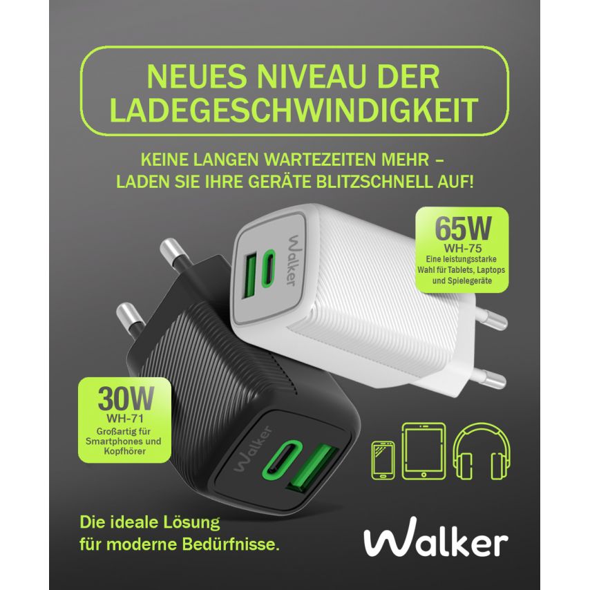 Network Charger (Adapter) 2in1 WALKER WH-75 GAN 65W + Data Cable Type-C to Type-C white