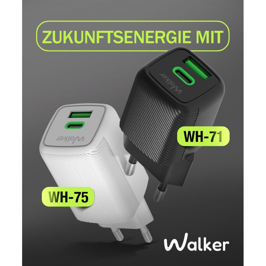 Network Charger (Adapter) 2in1 WALKER WH-75 GAN 65W + Data Cable Type-C to Type-C white