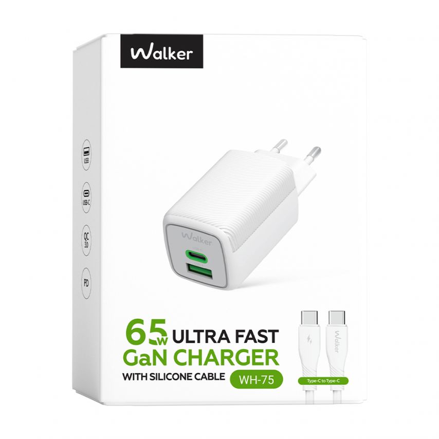Network Charger (Adapter) 2in1 WALKER WH-75 GAN 65W + Data Cable Type-C to Type-C white