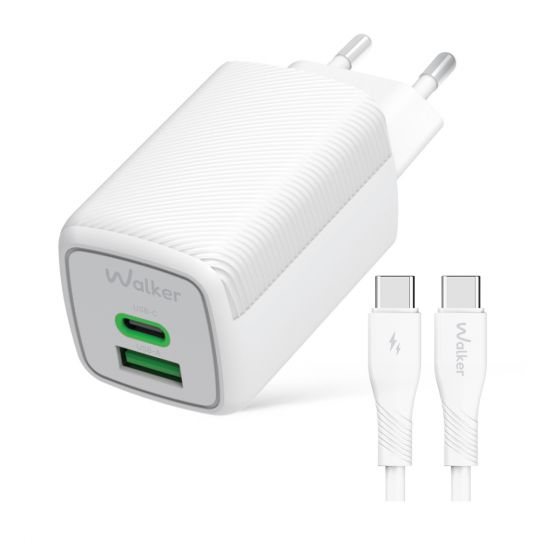 Network Charger (Adapter) 2in1 WALKER WH-75 GAN 65W + Data Cable Type-C to Type-C white
