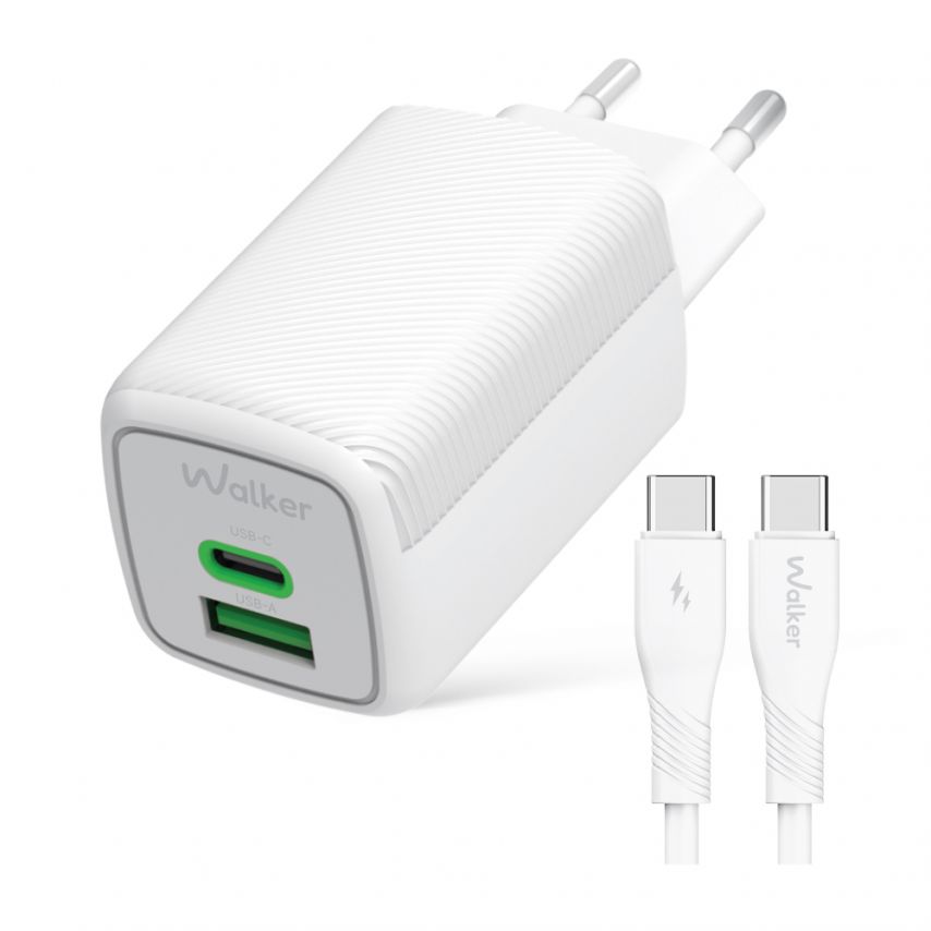 Network Charger (Adapter) 2in1 WALKER WH-75 GAN 65W + Data Cable Type-C to Type-C white