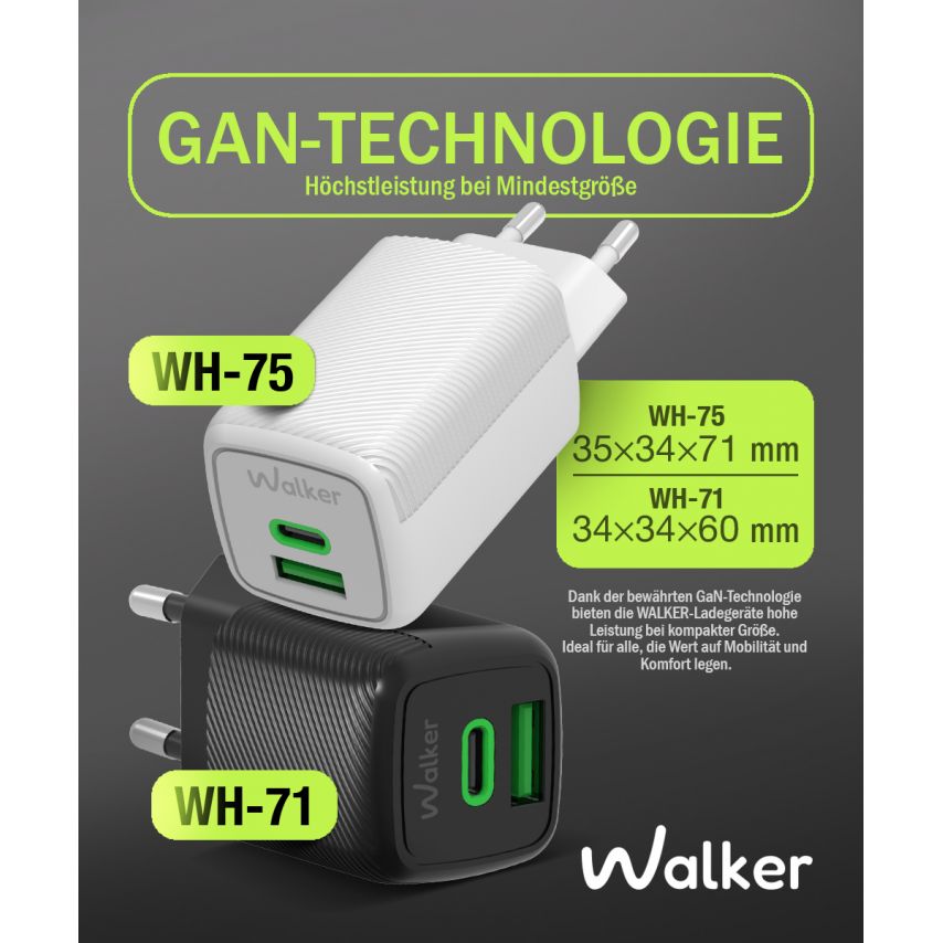Network Charger (Adapter) 2in1 WALKER WH-71 GAN 30W + Data Cable Type-C to Type-C black