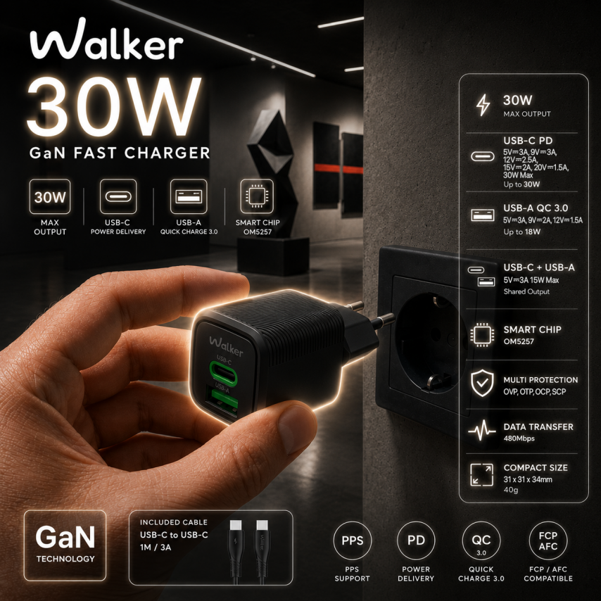 Netzladegerät (Adapter) 2in1 WALKER WH-71 GAN 30W + Datenkabel Type-C to Type-C schwarz