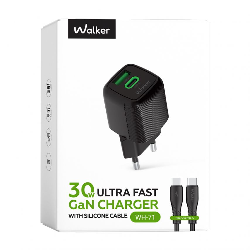 Network Charger (Adapter) 2in1 WALKER WH-71 GAN 30W + Data Cable Type-C to Type-C black