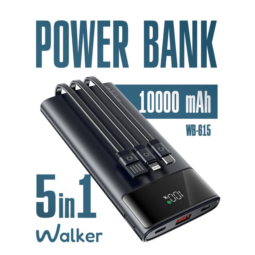 Powerbank WALKER WB-615 10000mAh mit Datenkabel USB, Type-C, Lightning schwarz