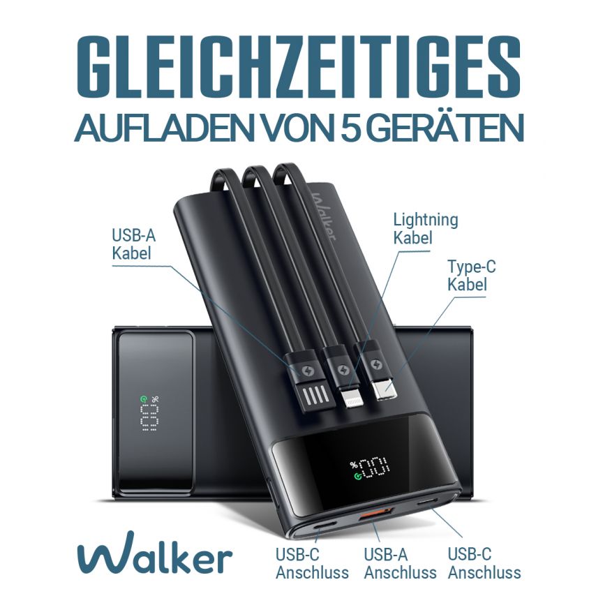 Powerbank WALKER WB-615 10000mAh mit Datenkabel USB, Type-C, Lightning schwarz