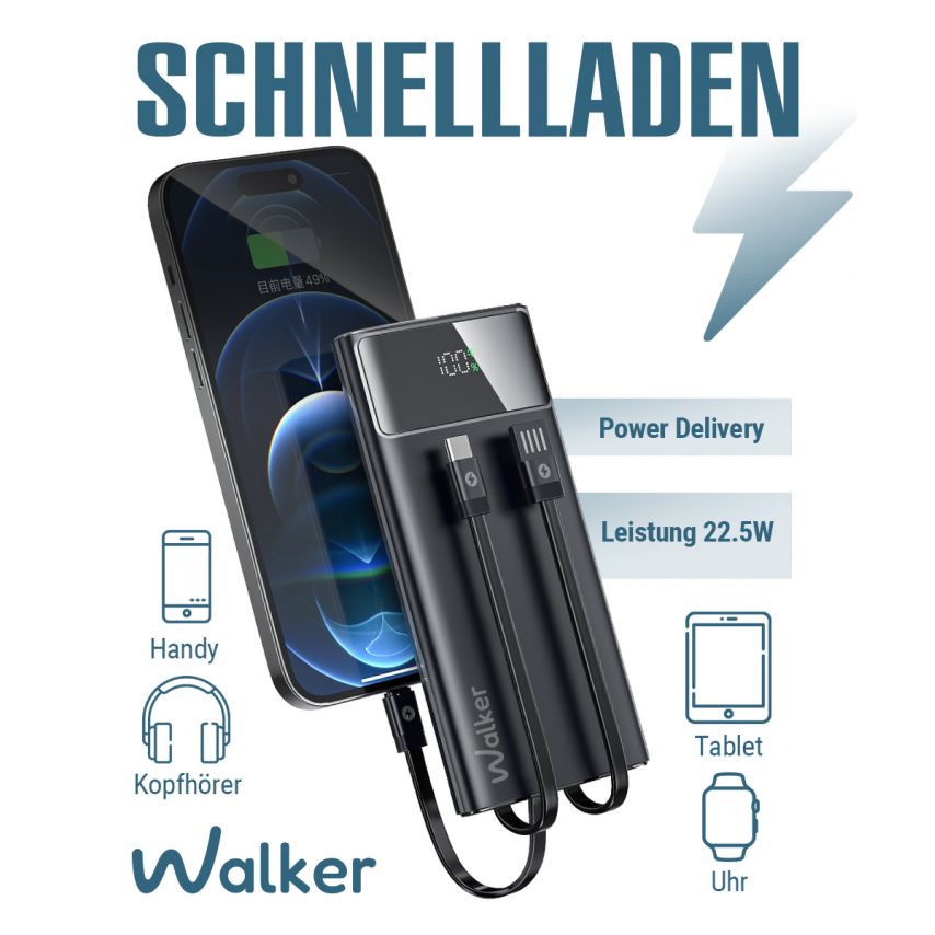 Powerbank WALKER WB-615 10000mAh mit Datenkabel USB, Type-C, Lightning schwarz