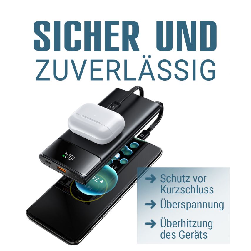 Powerbank WALKER WB-615 10000mAh mit Datenkabel USB, Type-C, Lightning schwarz
