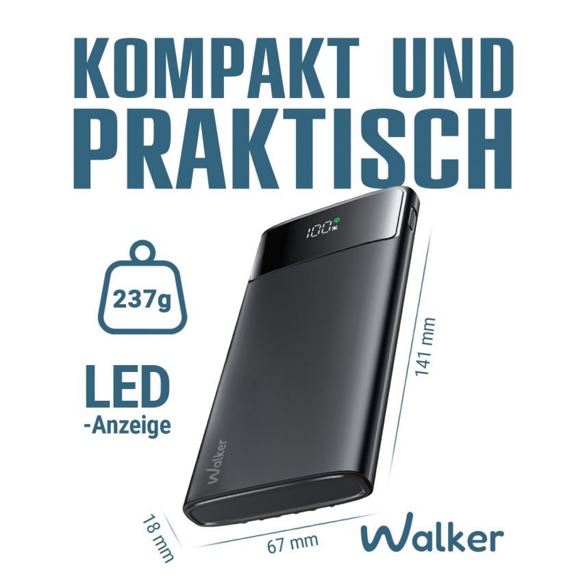 Powerbank WALKER WB-615 10000mAh mit Datenkabel USB, Type-C, Lightning schwarz