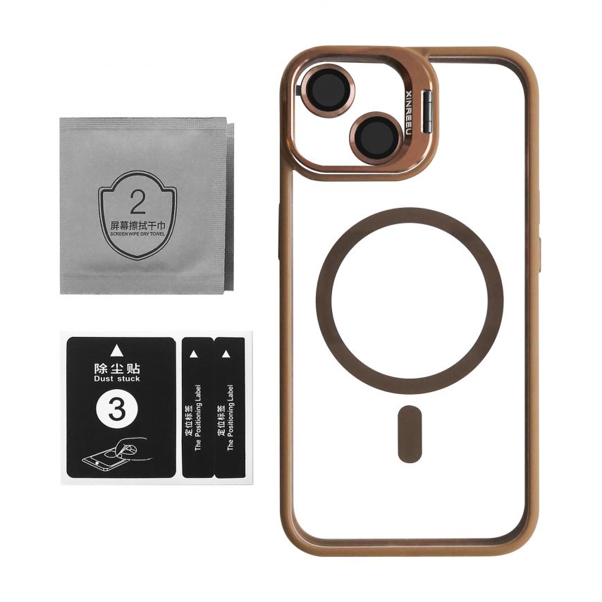 Coque avec MagSafe pour Apple iPhone 15 avec support et protection pour les caméras brun d'or (09)