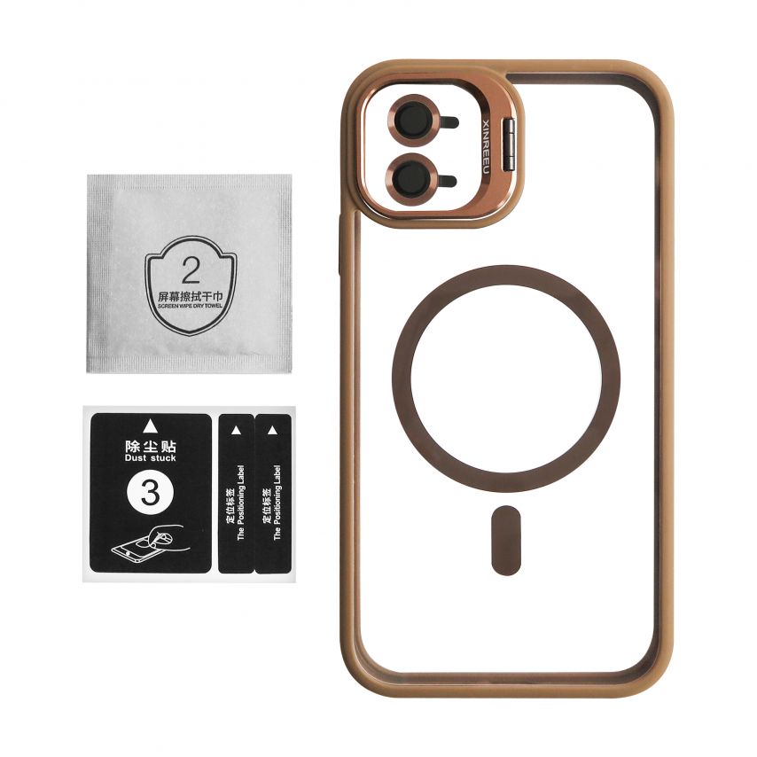 Coque avec MagSafe pour Apple iPhone 11 avec support et protection pour les caméras brun d'or (09)