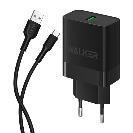 Chargeur secteur (Аdaptateur) 2 en 1 WALKER WH-35 1USB / QC3.0 / 3A / 18W + Câble de données USB vers Micro noir