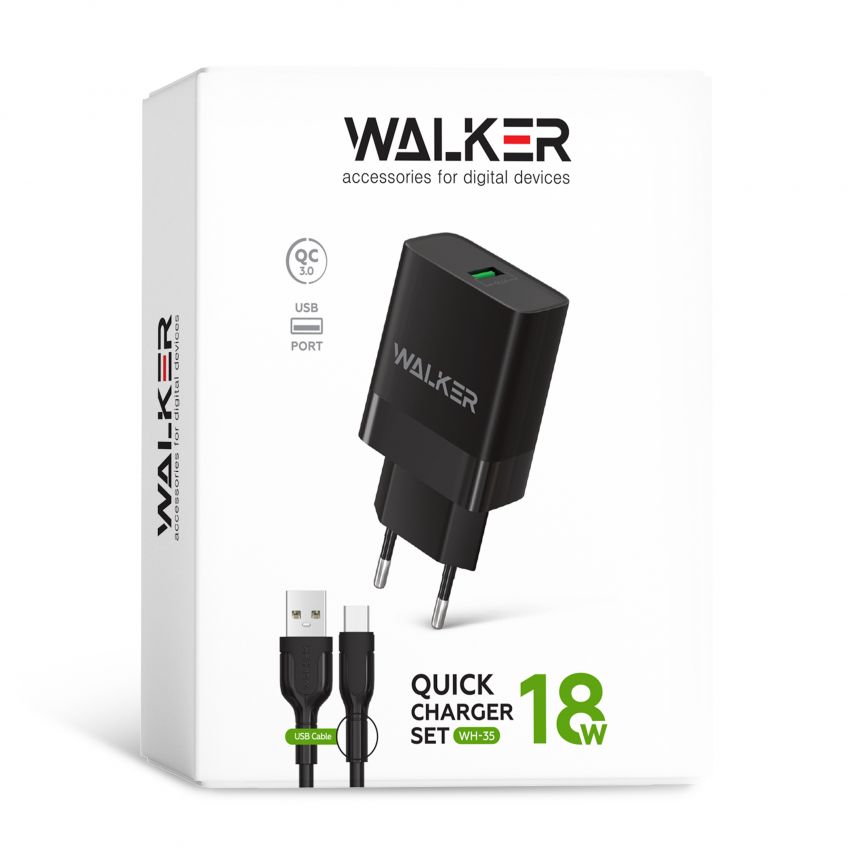 Chargeur secteur (Аdaptateur) 2 en 1 WALKER WH-35 1USB / QC3.0 / 3A / 18W + Câble de données USB vers Micro noir