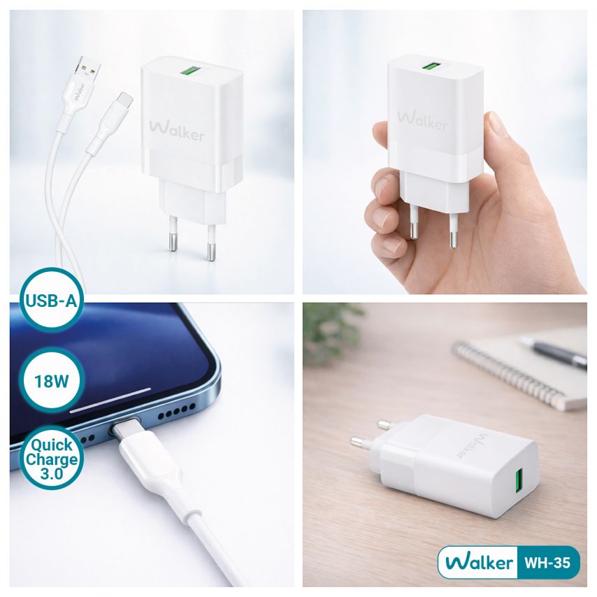 Netzladegerät (Adapter) 2in1 WALKER WH-35 1USB / QC3.0 / 3A / 18W + Datenkabel USB - Type-C weiß