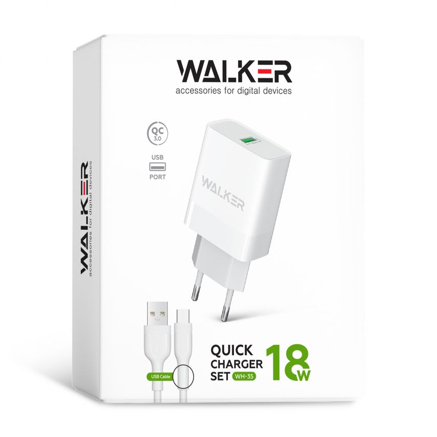 МЗП адаптер WALKER WH-35 1USB / QC3.0 / 3A / 18W + Type-C white