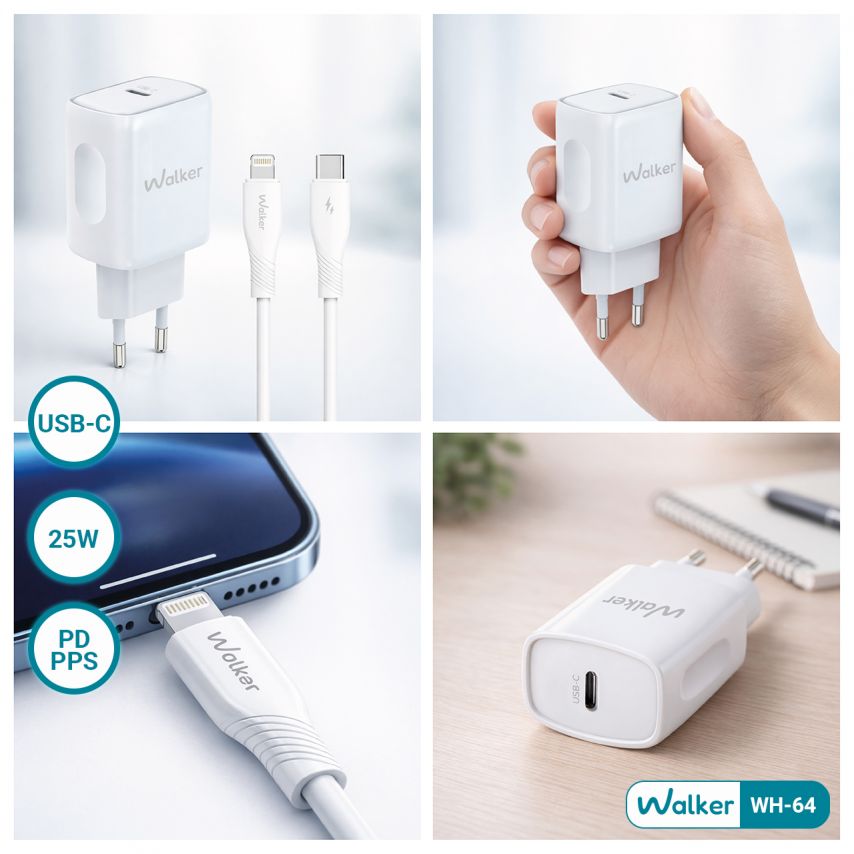Netzladegerät (Adapter) 2in1 WALKER WH-64 PD_25W + Data Cable Type-C to Lightning weiß
