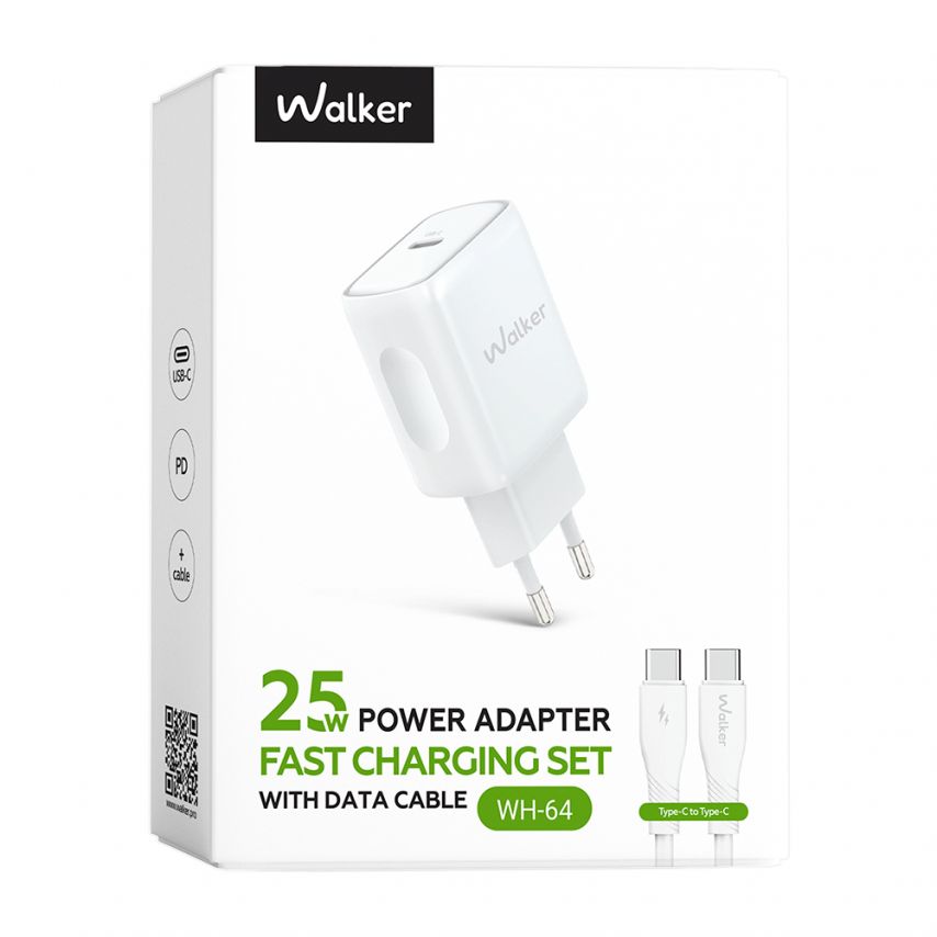 Network Charger (Adapter) 2in1 WALKER WH-64 PD_25W + Data Cable Type-C to Type-C white