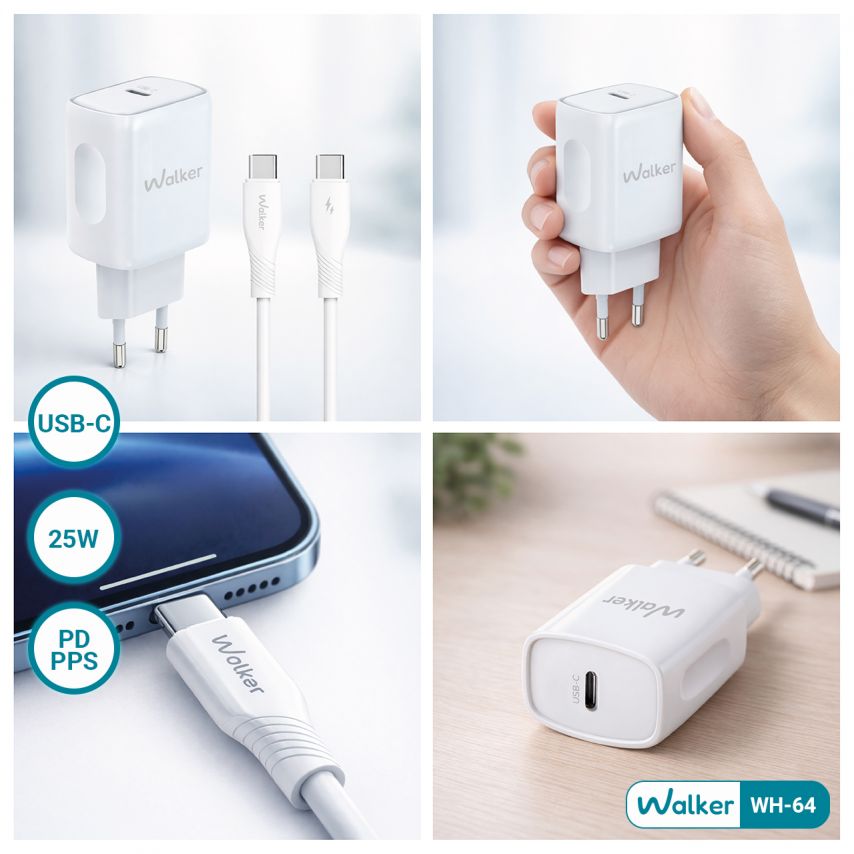 Netzladegerät (Adapter) 2in1 WALKER WH-64 PD_25W + Data Cable Type-C to Type-C weiß