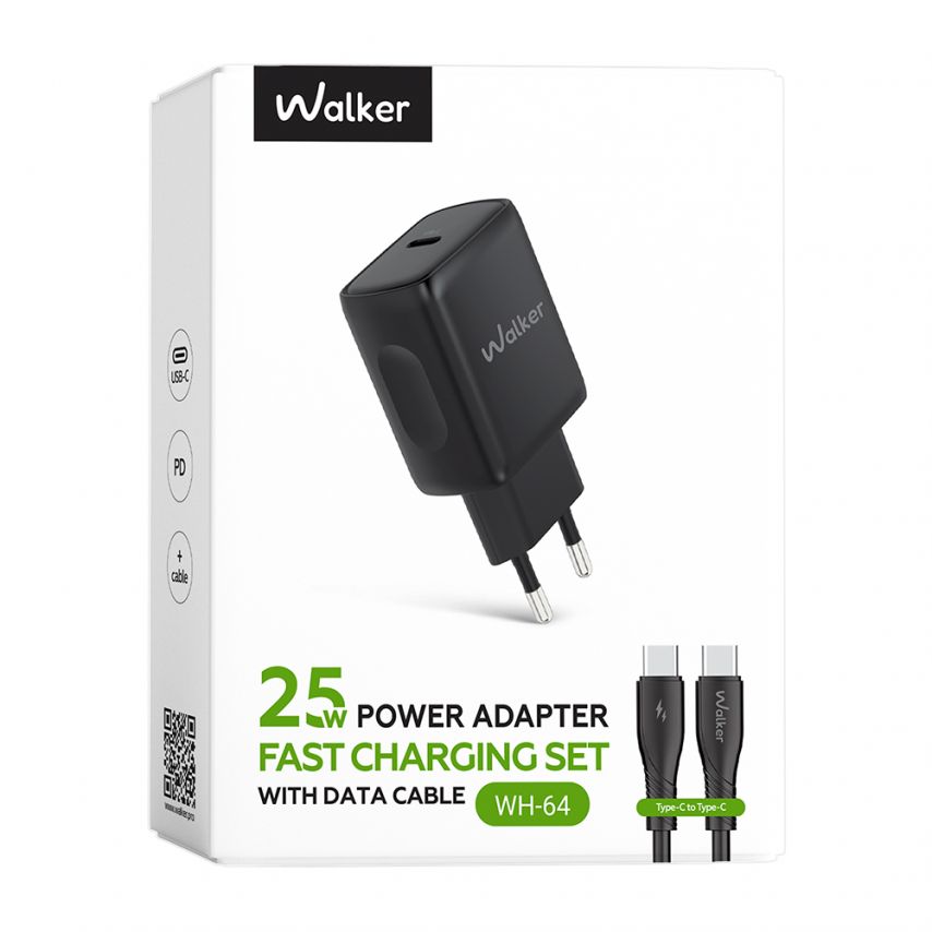 Network Charger (Adapter) 2in1 WALKER WH-64 PD_25W + Data Cable Type-C to Type-C black