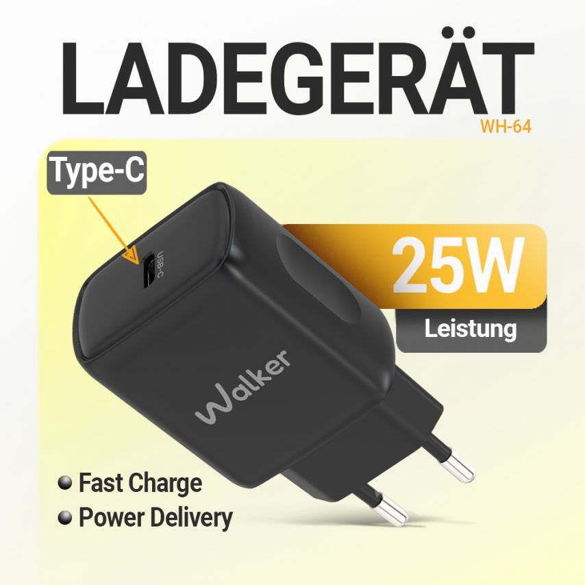 Network Charger (Adapter) 2in1 WALKER WH-64 PD_25W + Data Cable Type-C to Type-C black