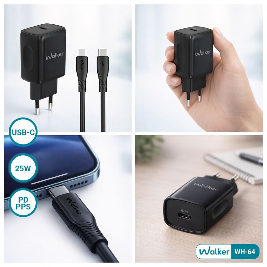 Netzladegerät (Adapter) 2in1 WALKER WH-64 PD_25W + Data Cable Type-C to Type-C schwarz