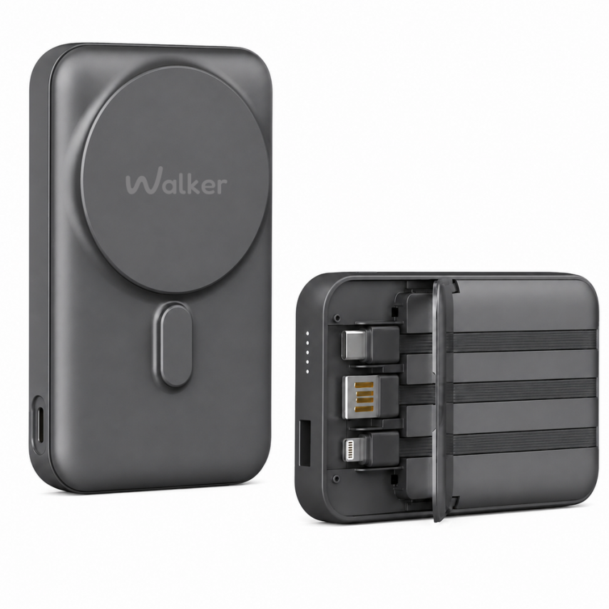 Powerbank WALKER WB-710 10000mAh Magsafe mit Datenkabel USB, Type-C, Lightning schwarz