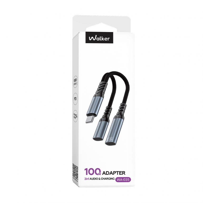 Adapter WALKER WA-035 Type-C to Type-C Audio + Type-C 100W grau