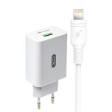 Network Charger (Adapter) 2in1 XO L36 1USB / QC3.0 / 3A + Lightning white