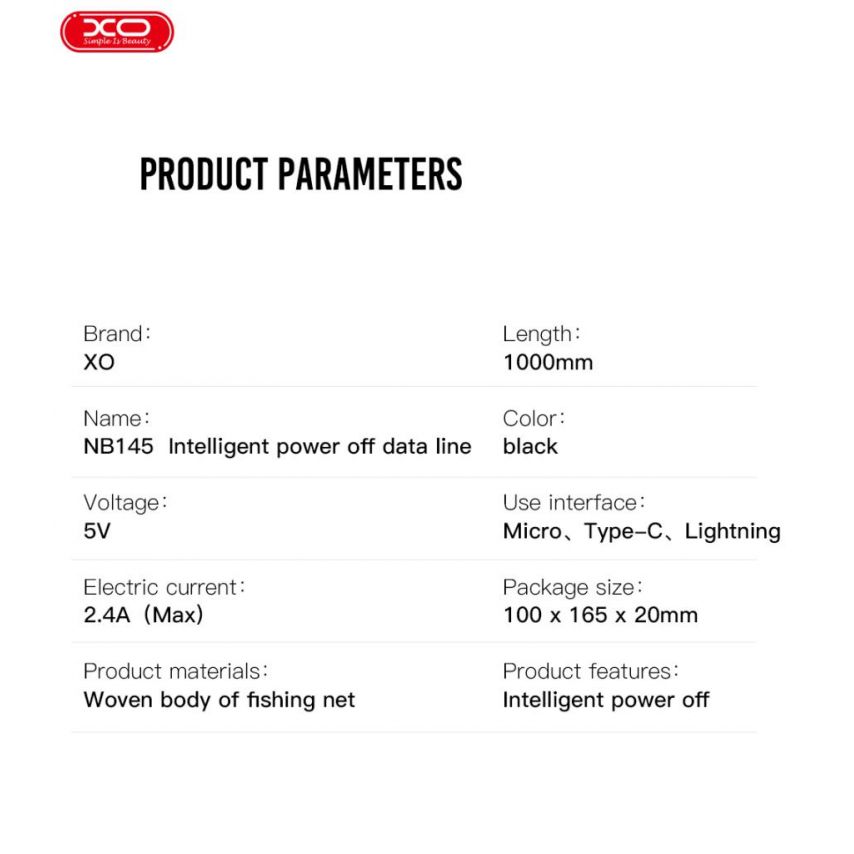 USB-Kabel XO NB145 Type-C 2.4A schwarz