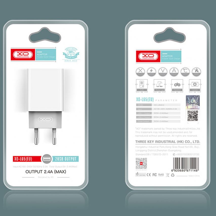 Network Charger (Adapter) XO L65 2USB / 2.4А white