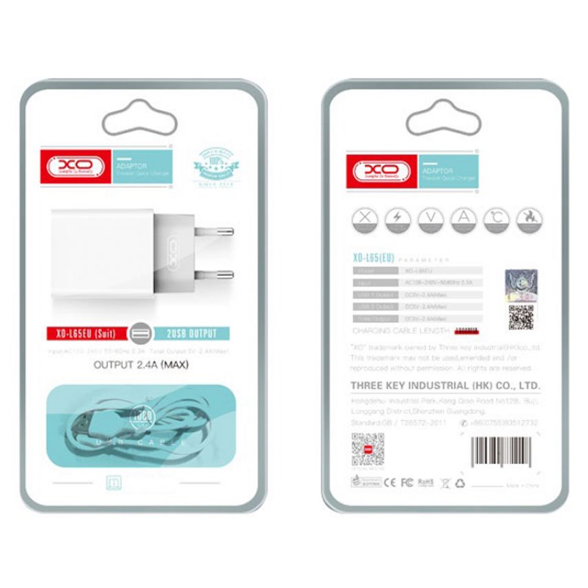 Netzladegerät (Adapter) 2in1 XO L65 2USB / 2.4А + Type-C weiß