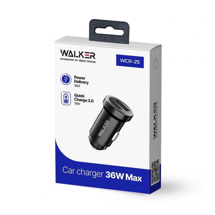 Autoladegerät (Adapter) WALKER WCR-25 PD_3A / QC3.0_3A / 36W schwarz